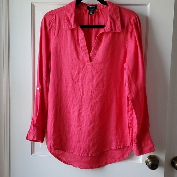 JONES NY & CO 100% LINEN CORAL PINK TOP SIZE MEDIUM LAGENLOOK COASTAL - Picture 3 of 6